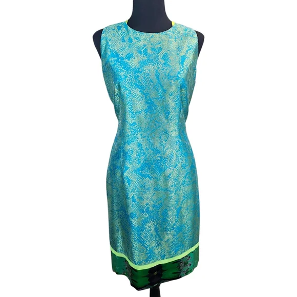 Elie Tahari Silk Blend Iridescent Teal and Green Sleeveless Sheath Dress Sz 10 - Picture 3 of 16